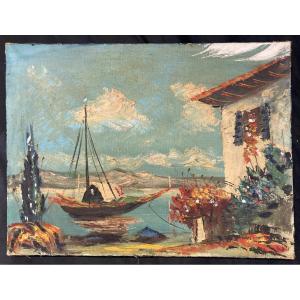 École Française, Marine Méditerranéenne, huile sur toile, milieu XXe siècle