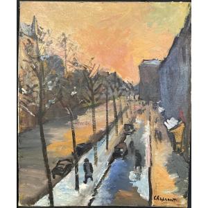 Geneviève CHAPRONT (XXe siècle), Neige Boulevard Saint-Germain, huile sur toile signée