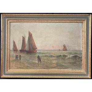 École Française du XXe siècle, Marine au coucher de soleil, huile sur toile signée