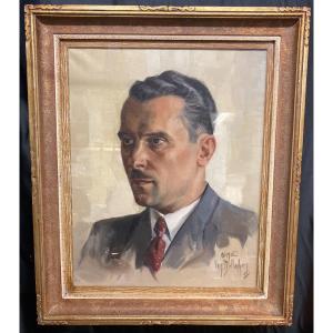 Aimé VAN BELLEGHEM (1922-1996), Portrait de René Brondel, huile sur toile encadrée