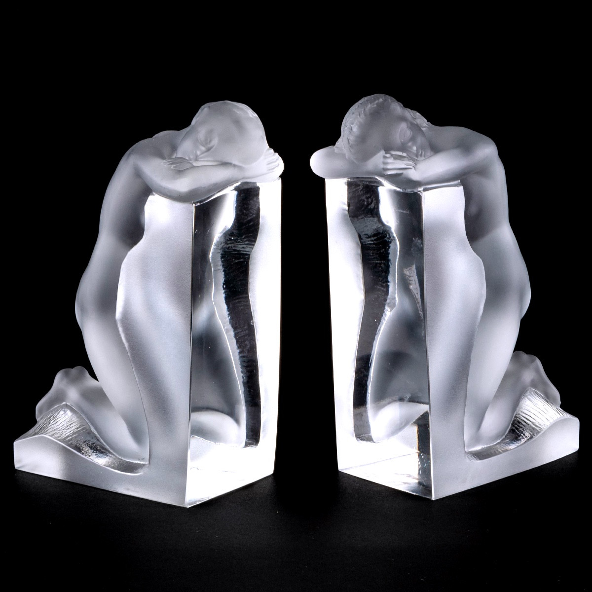 Pair Of Lalique Bookends 'femme Nue', 1948 Design, Frosted Crystal, Signed Lalique France