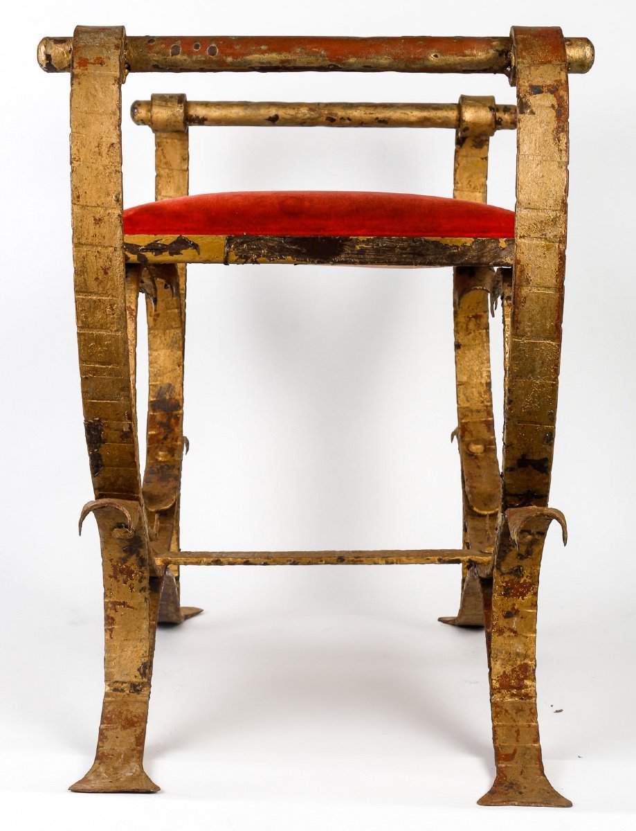Paire de sièges curules Art Déco en fer forgé doré – Luxe des années 1930-1940-photo-1