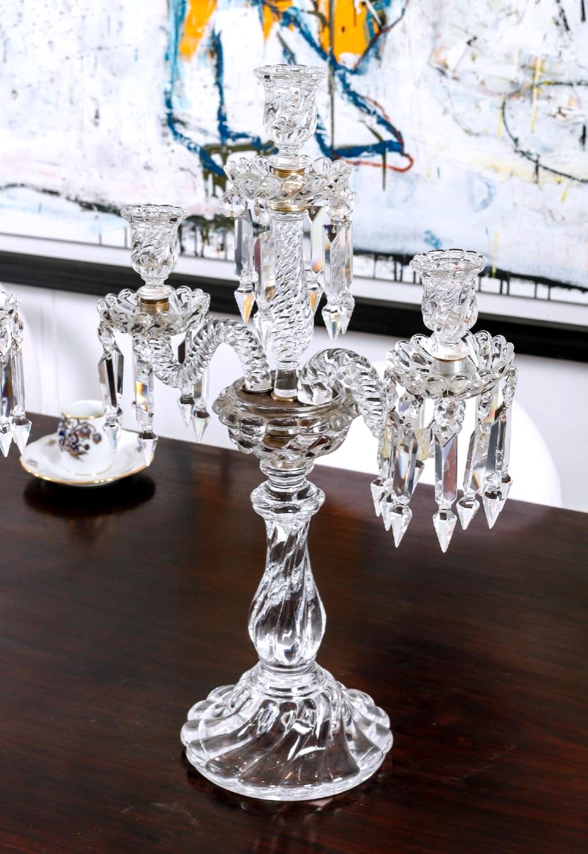 Pair Of Baccarat Crystal Candelabras – 3 Lights, Excellent Condition, Signed Baccarat-photo-4