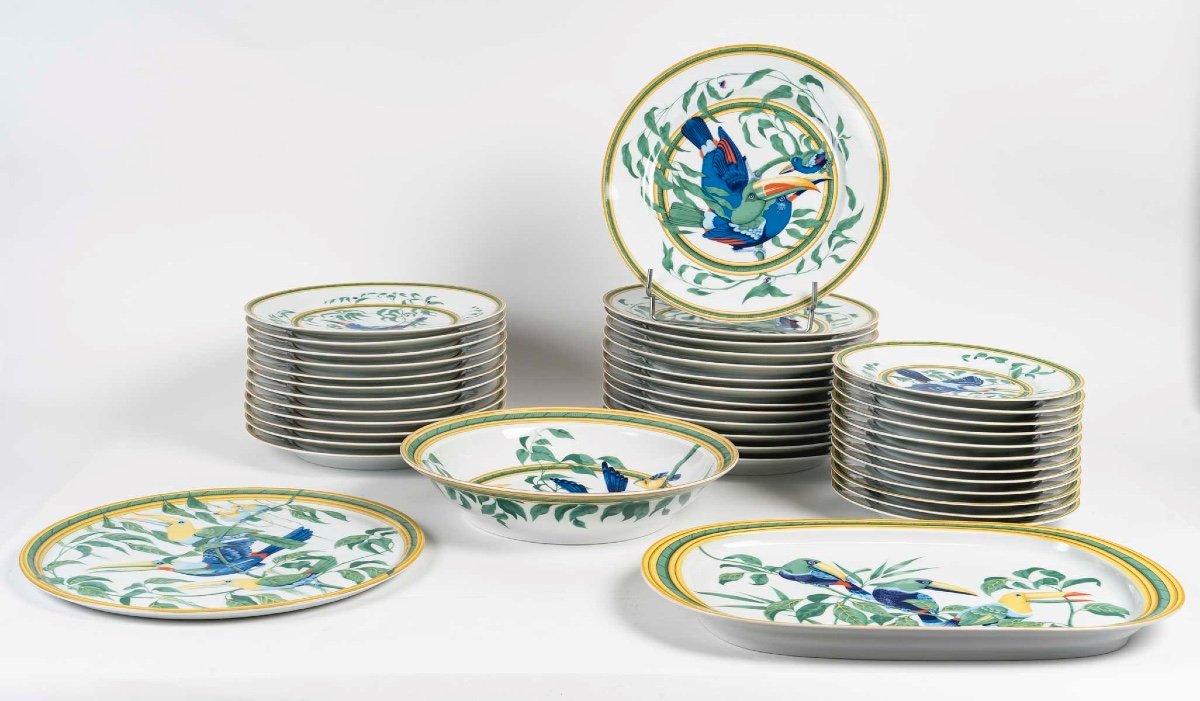 Rare Service Hermès « Toucans » En Porcelaine De Limoges | 1986 | 40 Pièces | Pour 12 Personnes-photo-2