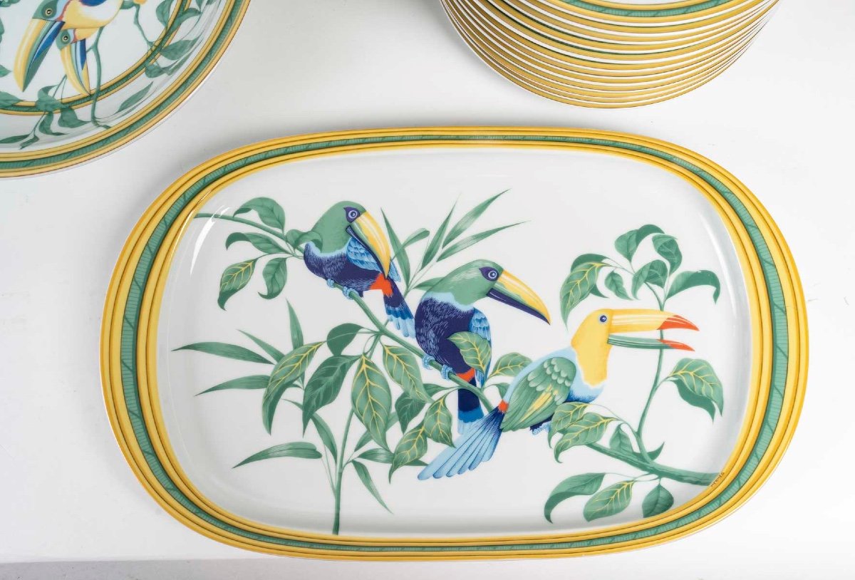 Rare Service Hermès « Toucans » En Porcelaine De Limoges | 1986 | 40 Pièces | Pour 12 Personnes-photo-3