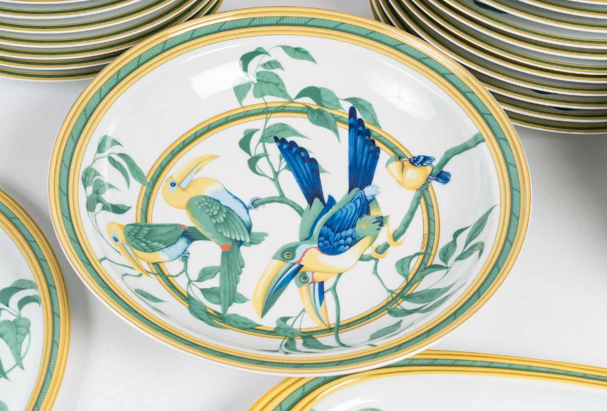 Rare Service Hermès « Toucans » En Porcelaine De Limoges | 1986 | 40 Pièces | Pour 12 Personnes-photo-6
