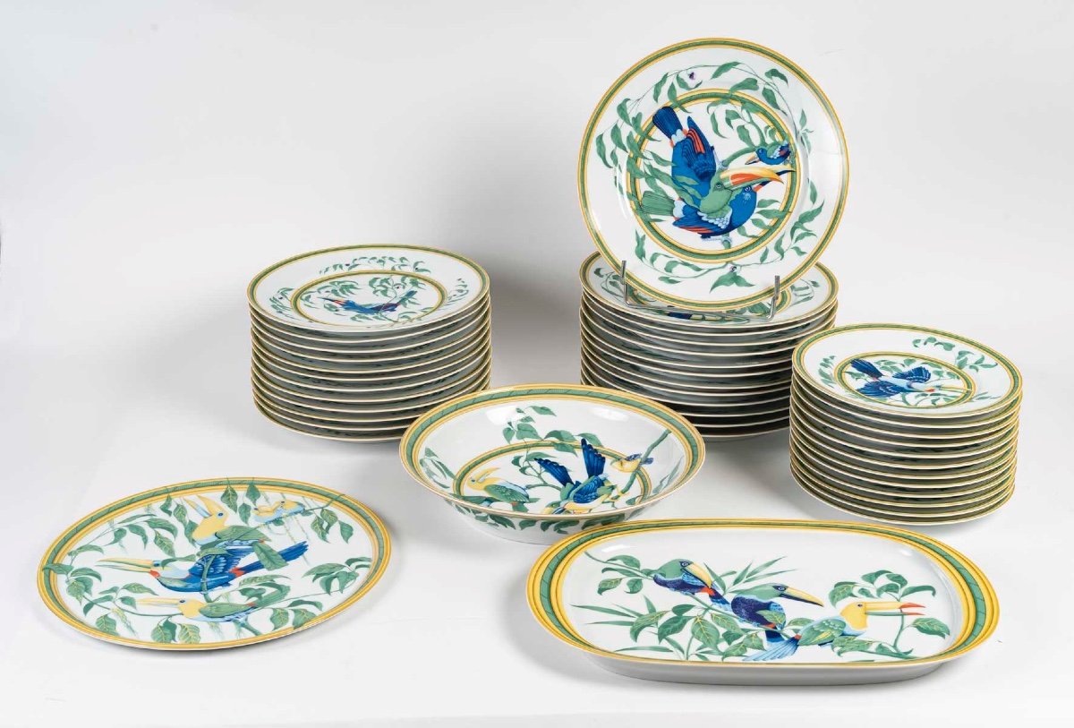 Rare Service Hermès « Toucans » En Porcelaine De Limoges | 1986 | 40 Pièces | Pour 12 Personnes