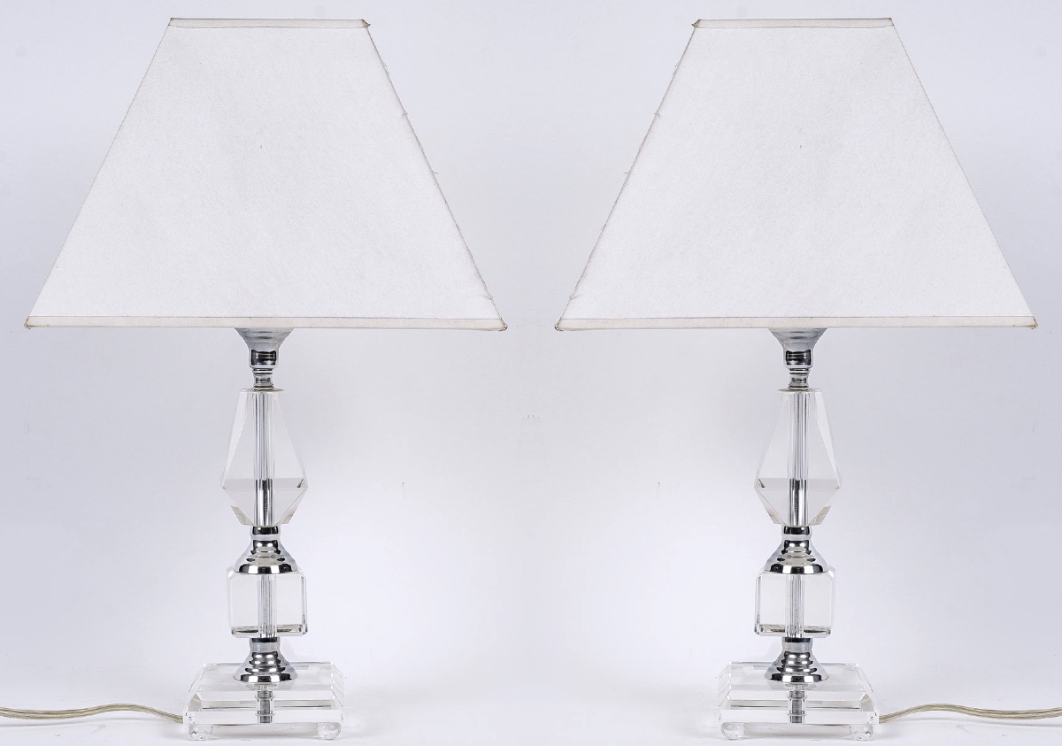 Pair Of Vintage Cut Crystal And Chrome Metal Lamps –20th Cent-  Art Deco Style - Good Condition