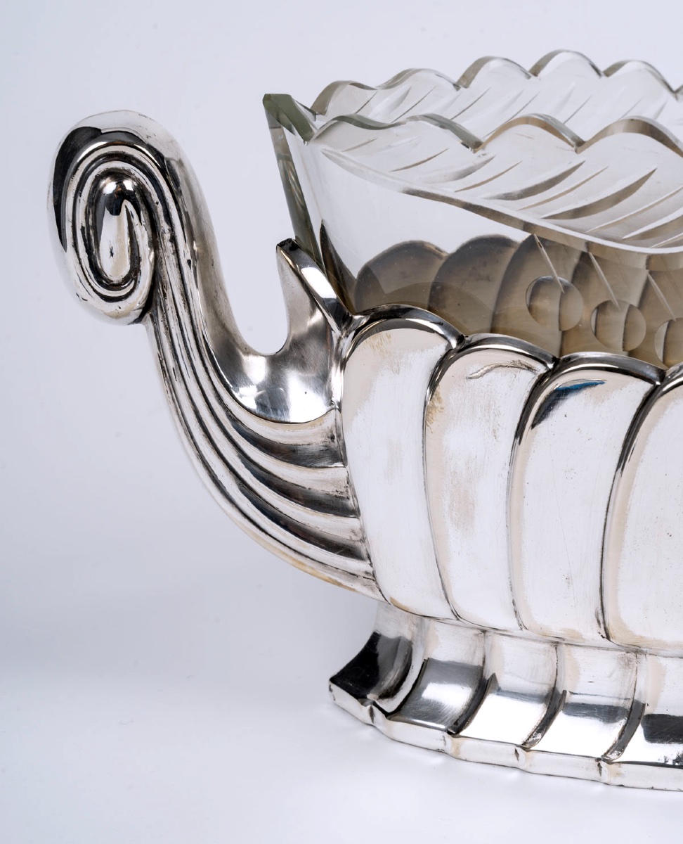 Coupe Centre De Table Art Déco En Cristal Taillé Et Métal Argenté – France, Circa 1930-photo-4