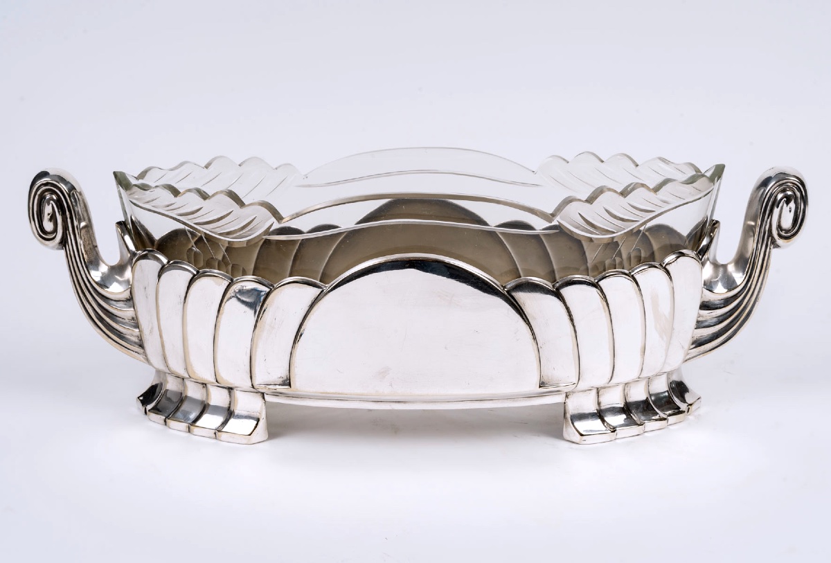 Coupe Centre De Table Art Déco En Cristal Taillé Et Métal Argenté – France, Circa 1930-photo-4