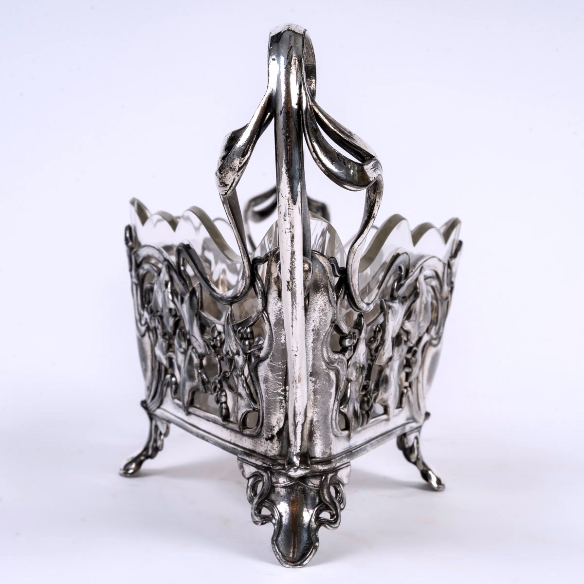 Crystal And Silver-plated Metal Bowl – Art Nouveau, Circa 1900 – Floral Motifs And Stylized Vines-photo-3
