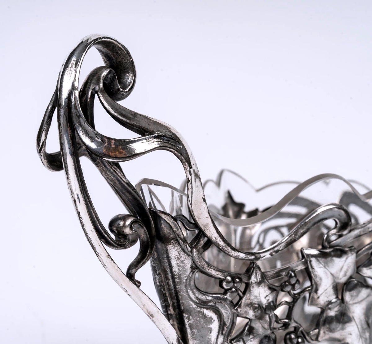 Crystal And Silver-plated Metal Bowl – Art Nouveau, Circa 1900 – Floral Motifs And Stylized Vines-photo-4