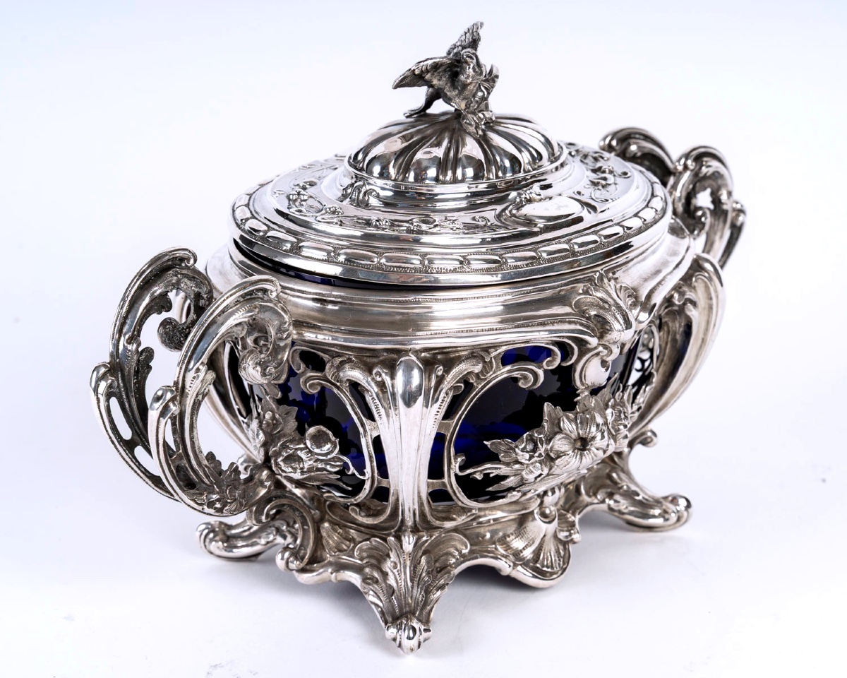 Sucrier ancien en argent massif et cristal bleu cobalt – Style Napoléon III – France XIXe -photo-2