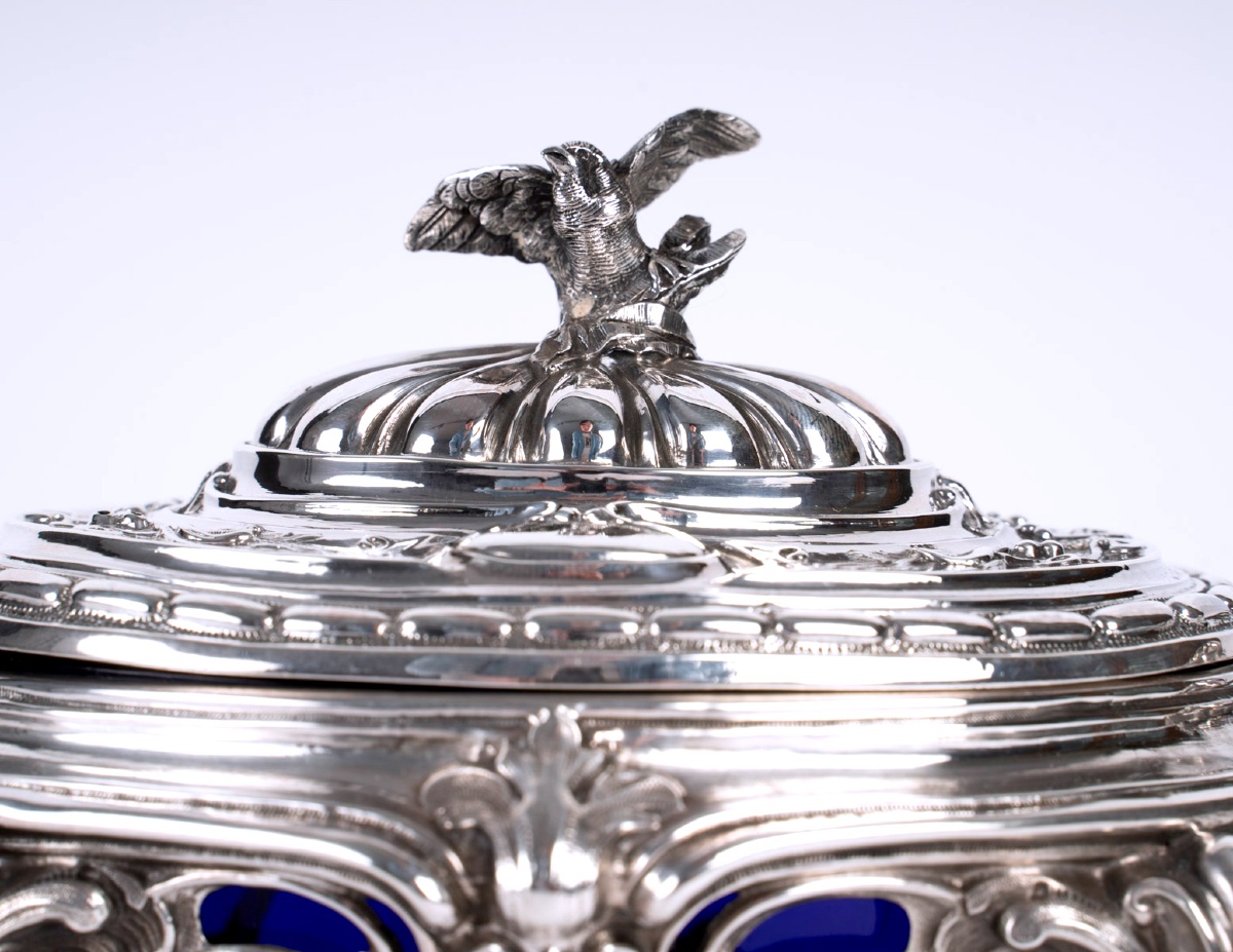 Sucrier ancien en argent massif et cristal bleu cobalt – Style Napoléon III – France XIXe -photo-3