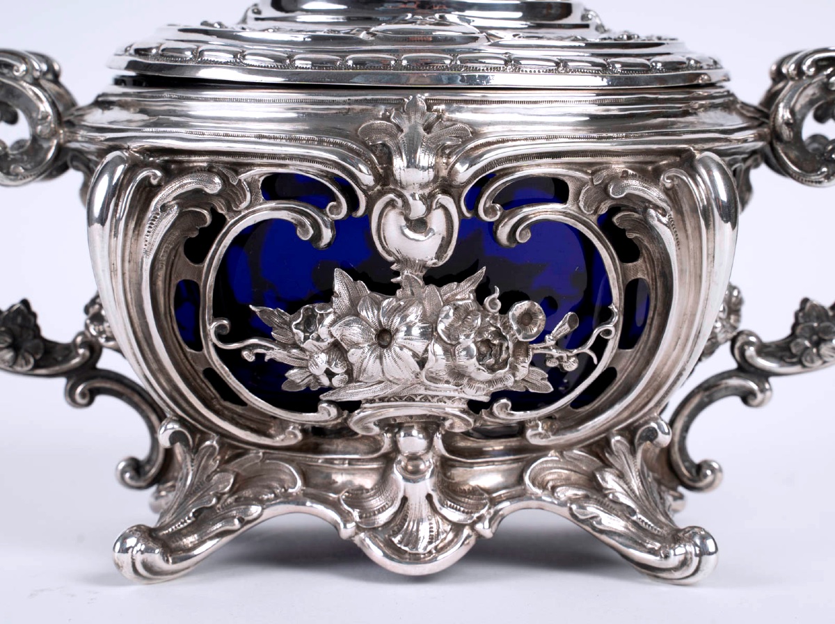Sucrier ancien en argent massif et cristal bleu cobalt – Style Napoléon III – France XIXe -photo-4