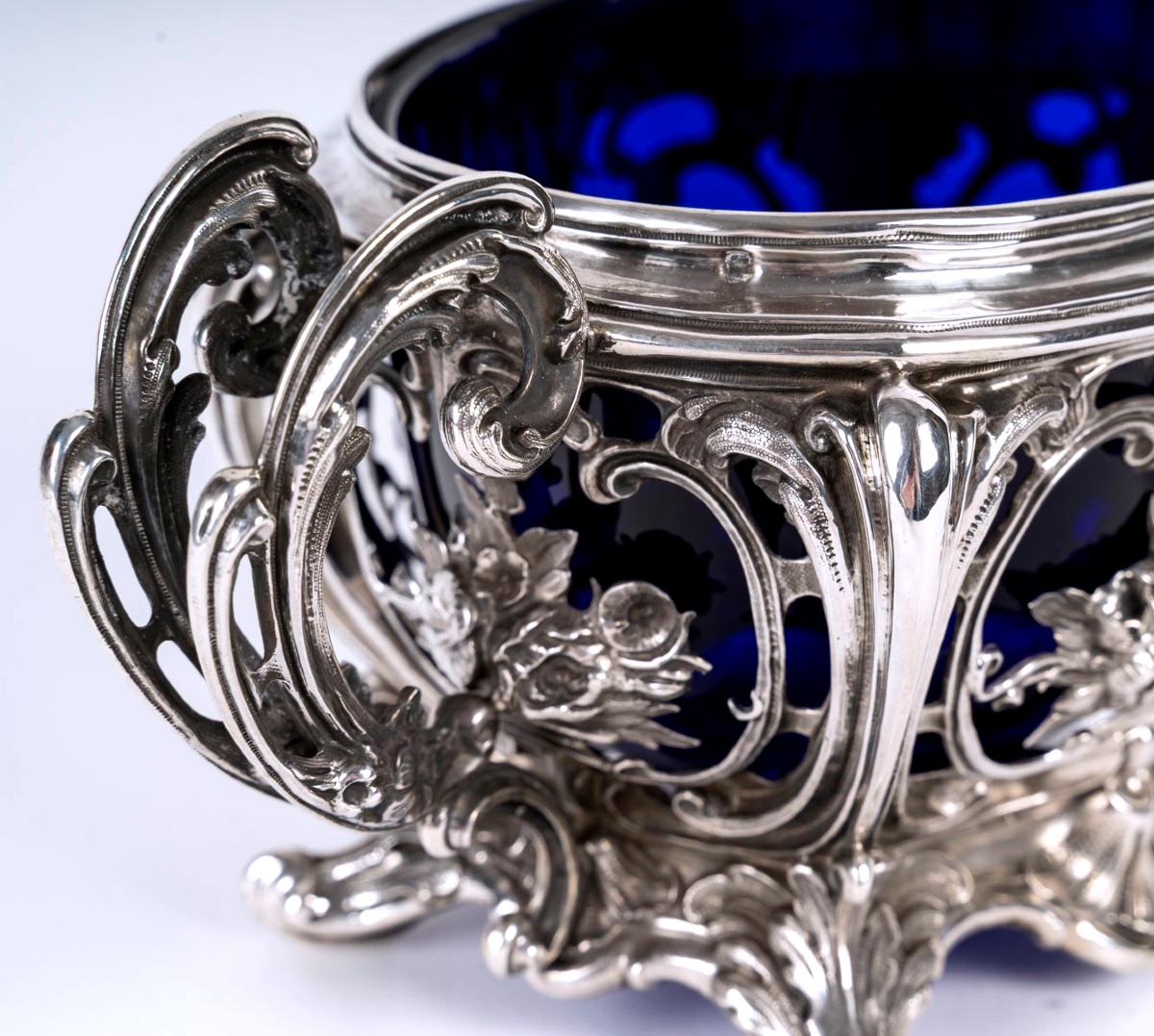 Sucrier ancien en argent massif et cristal bleu cobalt – Style Napoléon III – France XIXe -photo-1