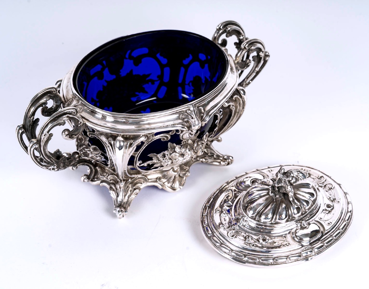 Sucrier ancien en argent massif et cristal bleu cobalt – Style Napoléon III – France XIXe -photo-2