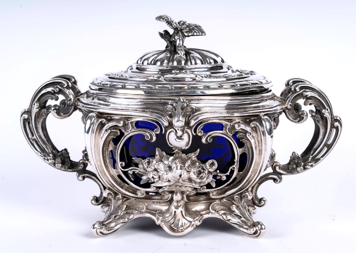 Sucrier ancien en argent massif et cristal bleu cobalt – Style Napoléon III – France XIXe -photo-3