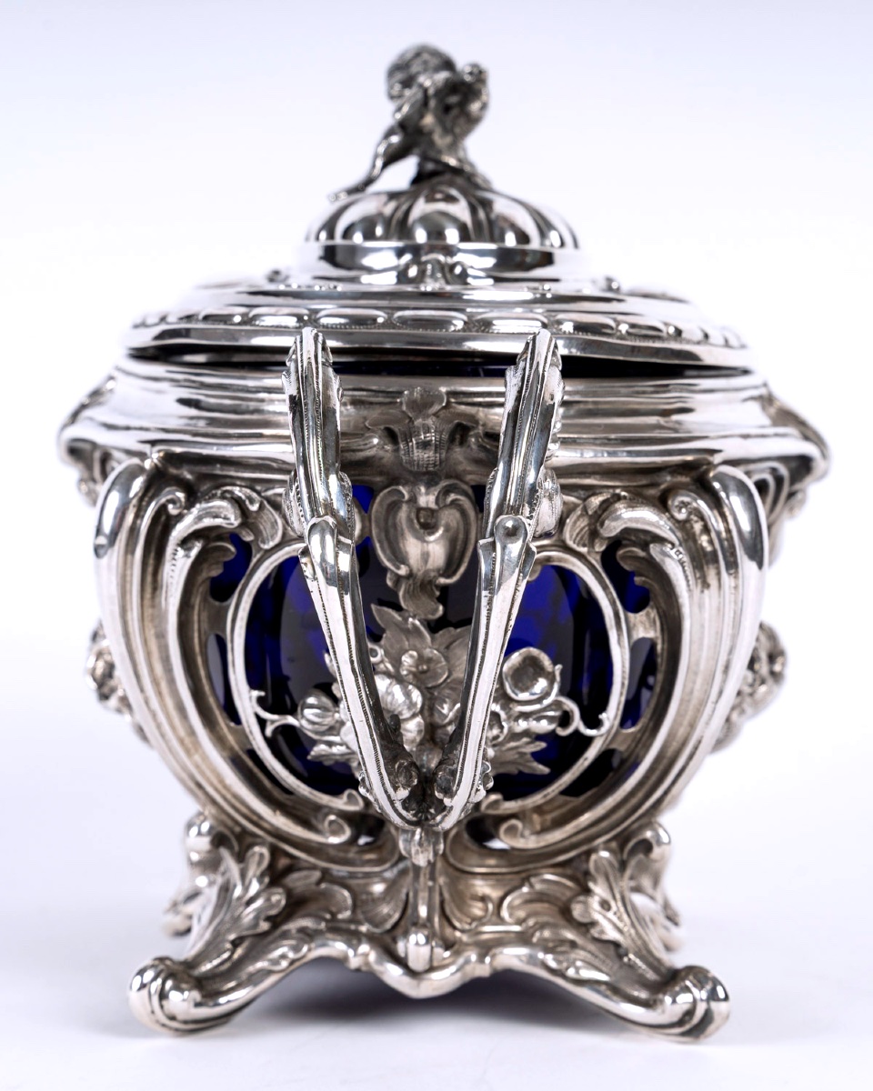 Sucrier ancien en argent massif et cristal bleu cobalt – Style Napoléon III – France XIXe -photo-4