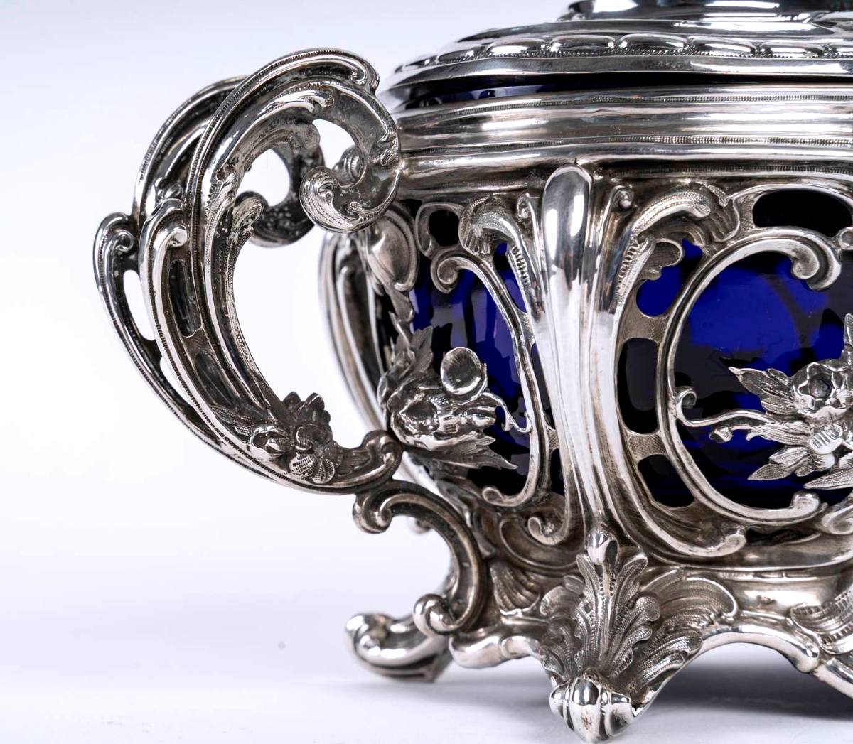 Sucrier ancien en argent massif et cristal bleu cobalt – Style Napoléon III – France XIXe -photo-5