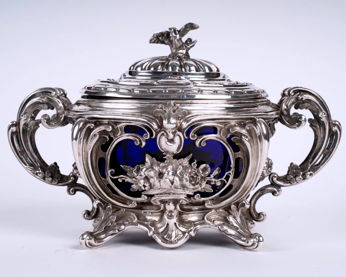 Sucrier ancien en argent massif et cristal bleu cobalt – Style Napoléon III – France XIXe 