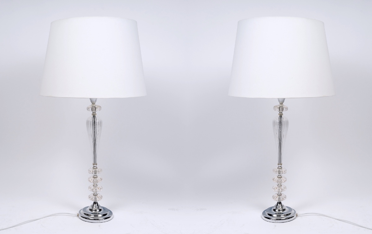 Pair Of Transparent Lamps With White Shades, Baccarat Style 