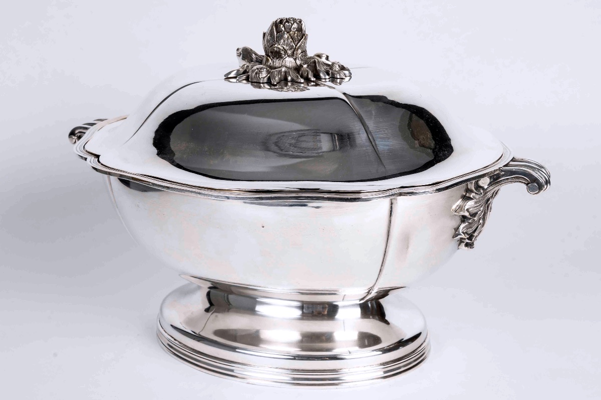 Silver-plated Covered Vegetable Dish With Artichoke Finial – English Work, 20th Century-photo-3