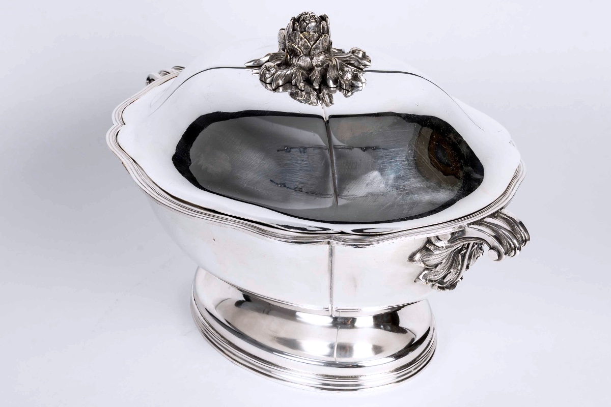 Silver-plated Covered Vegetable Dish With Artichoke Finial – English Work, 20th Century-photo-5