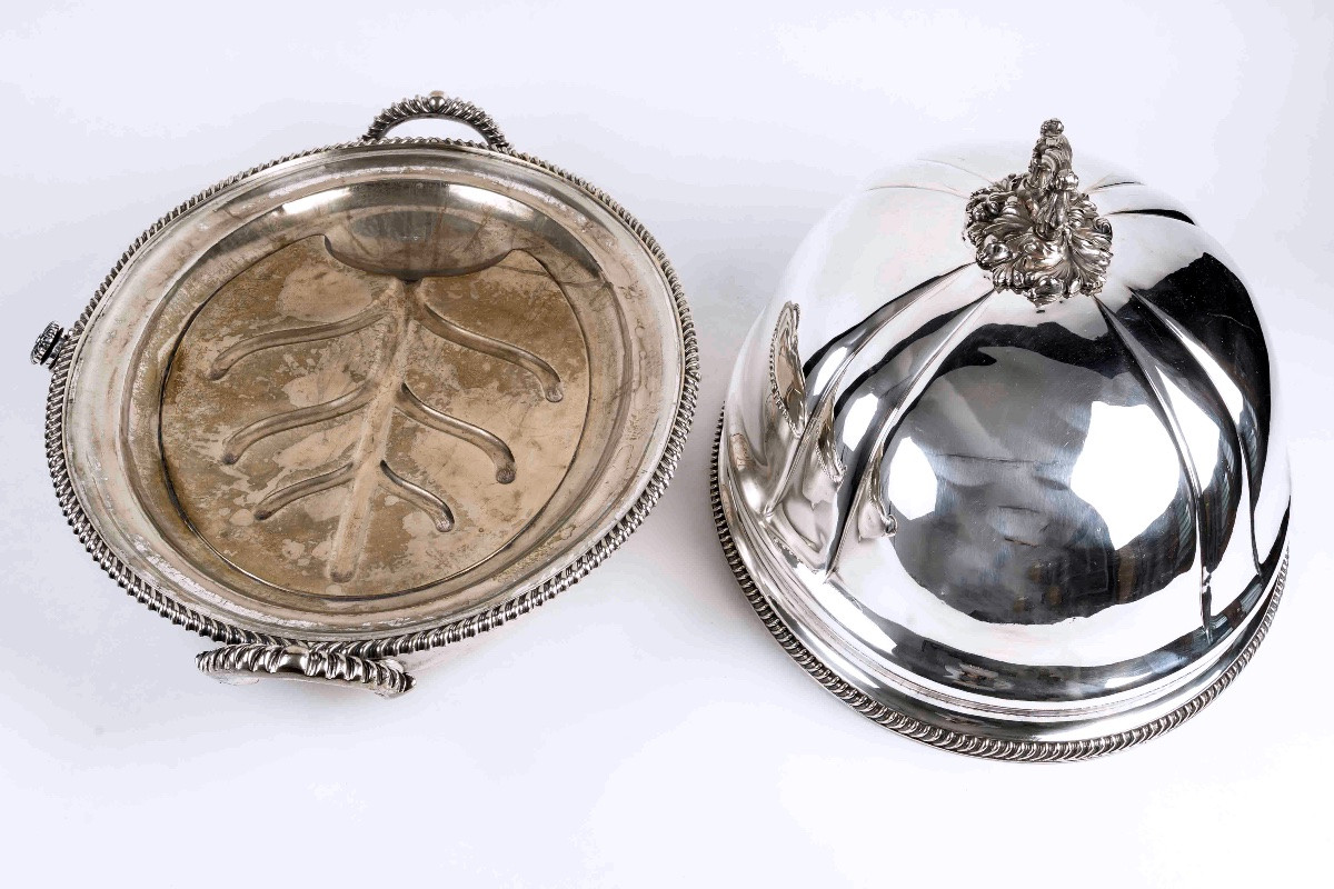 Plat réchaud à eau chaude en métal argenté avec cloche godronnée – Daniel & Arter, XXe siècle-photo-2