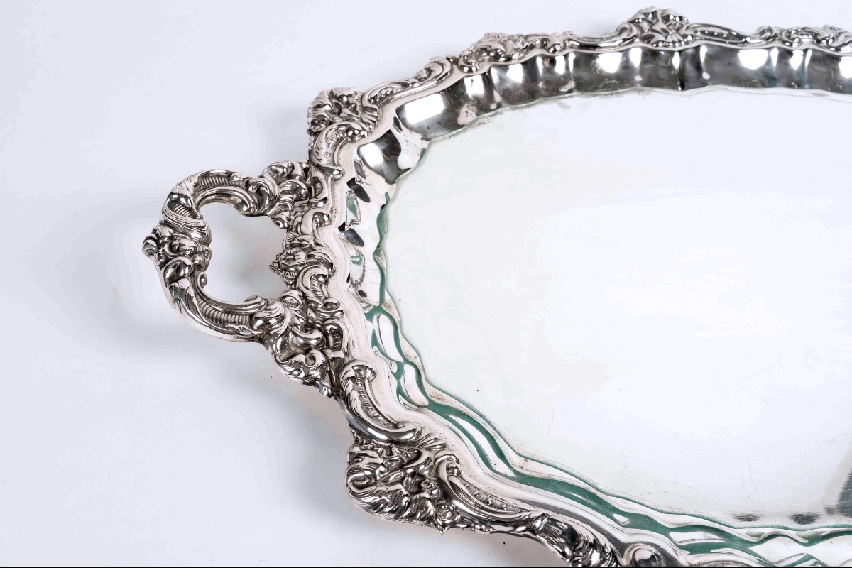 Vintage Silver Plated Alpaca Metal Tray – 19th Century, Decoration And Service (60x41 Cm)-photo-3