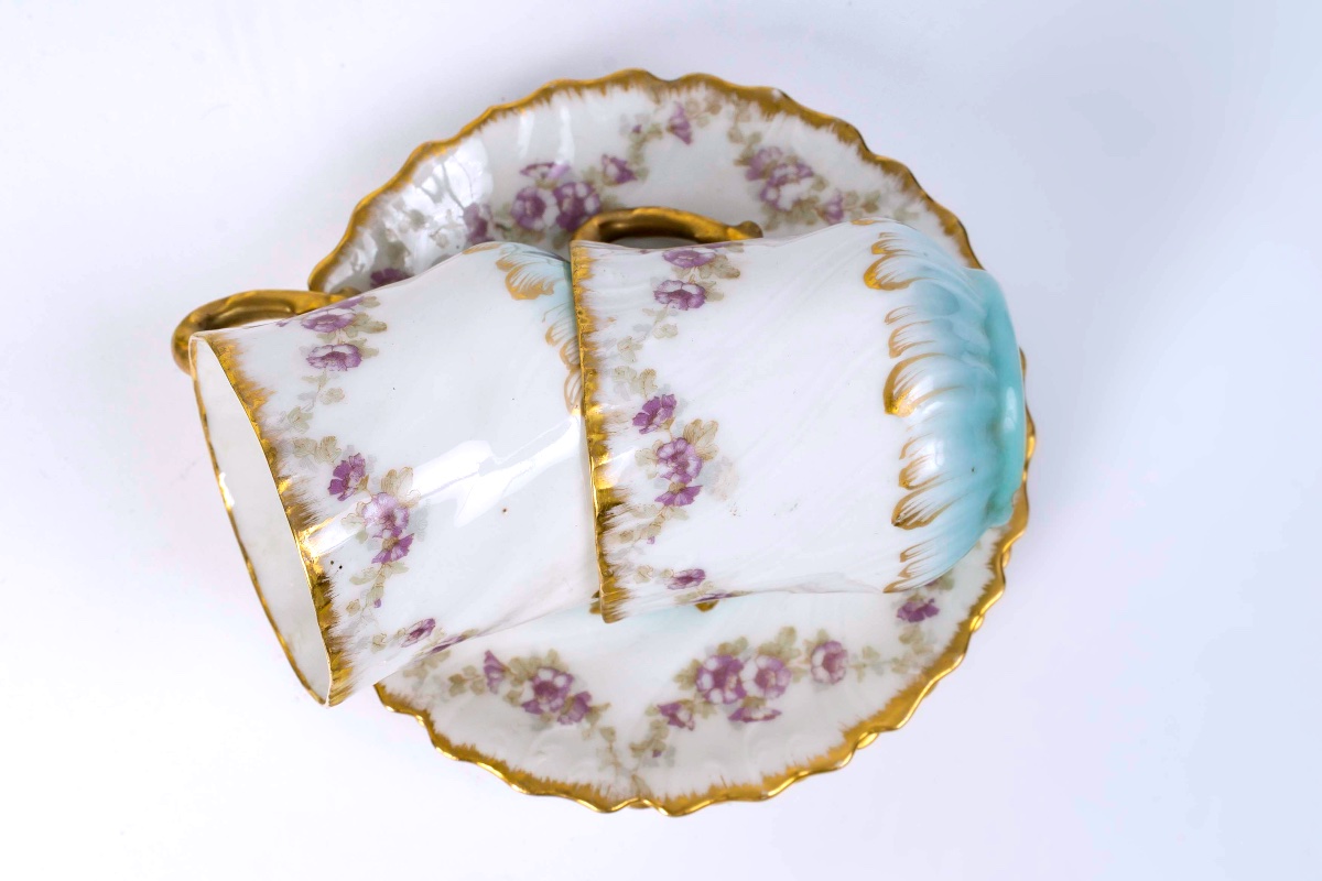Limoges Porcelain Coffee Service – Augé-munsch Narbonne – Floral And Gold Decoration – 11 People-photo-2