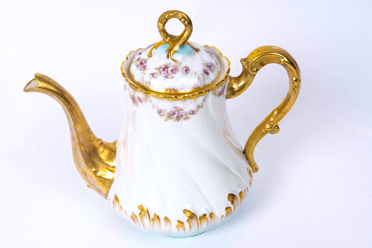 Limoges Porcelain Coffee Service – Augé-munsch Narbonne – Floral And Gold Decoration – 11 People-photo-4
