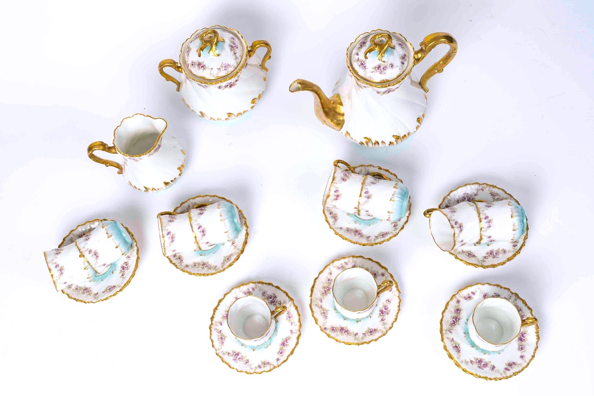 Limoges Porcelain Coffee Service – Augé-munsch Narbonne – Floral And Gold Decoration – 11 People-photo-3