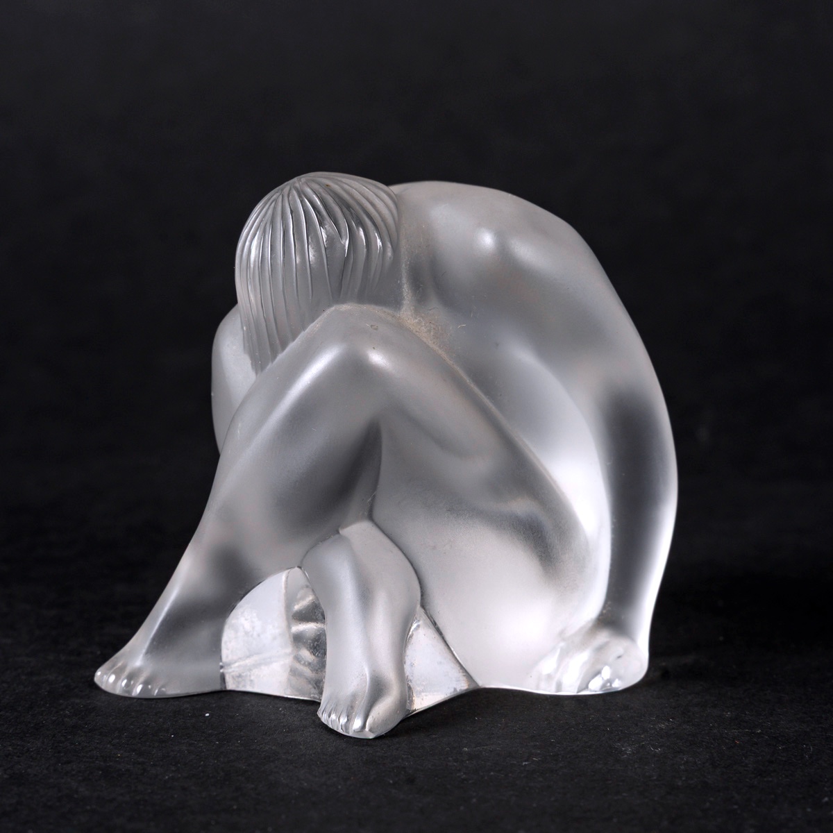 Lalique – “crouching Nude Woman” Satin Crystal Figurine – Pressed Glass Sculpture, 20th Century