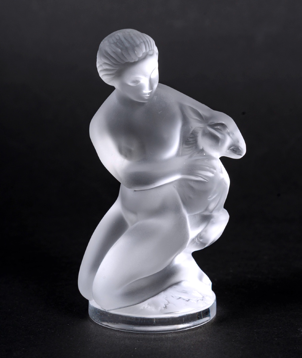 Lalique – Frosted And Polished Crystal Figurine “diane And The Fawn”, Art Deco, 1949, 20th Cent