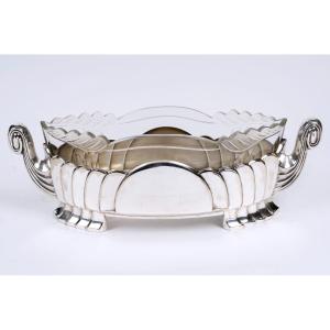 Coupe Centre De Table Art Déco En Cristal Taillé Et Métal Argenté – France, Circa 1930