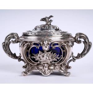 Sucrier ancien en argent massif et cristal bleu cobalt – Style Napoléon III – France XIXe 