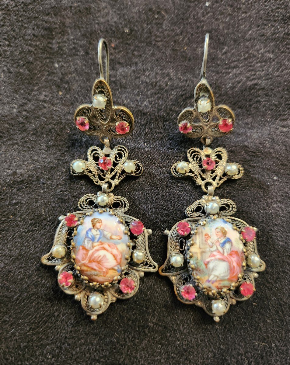Pair Of Earrings Set With Miniature Enamels 19th Century