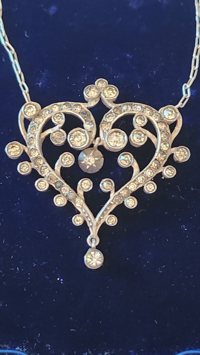 Collier Coeur En Argent Et Pierres Du Rhin 19 ème Siècle -photo-2