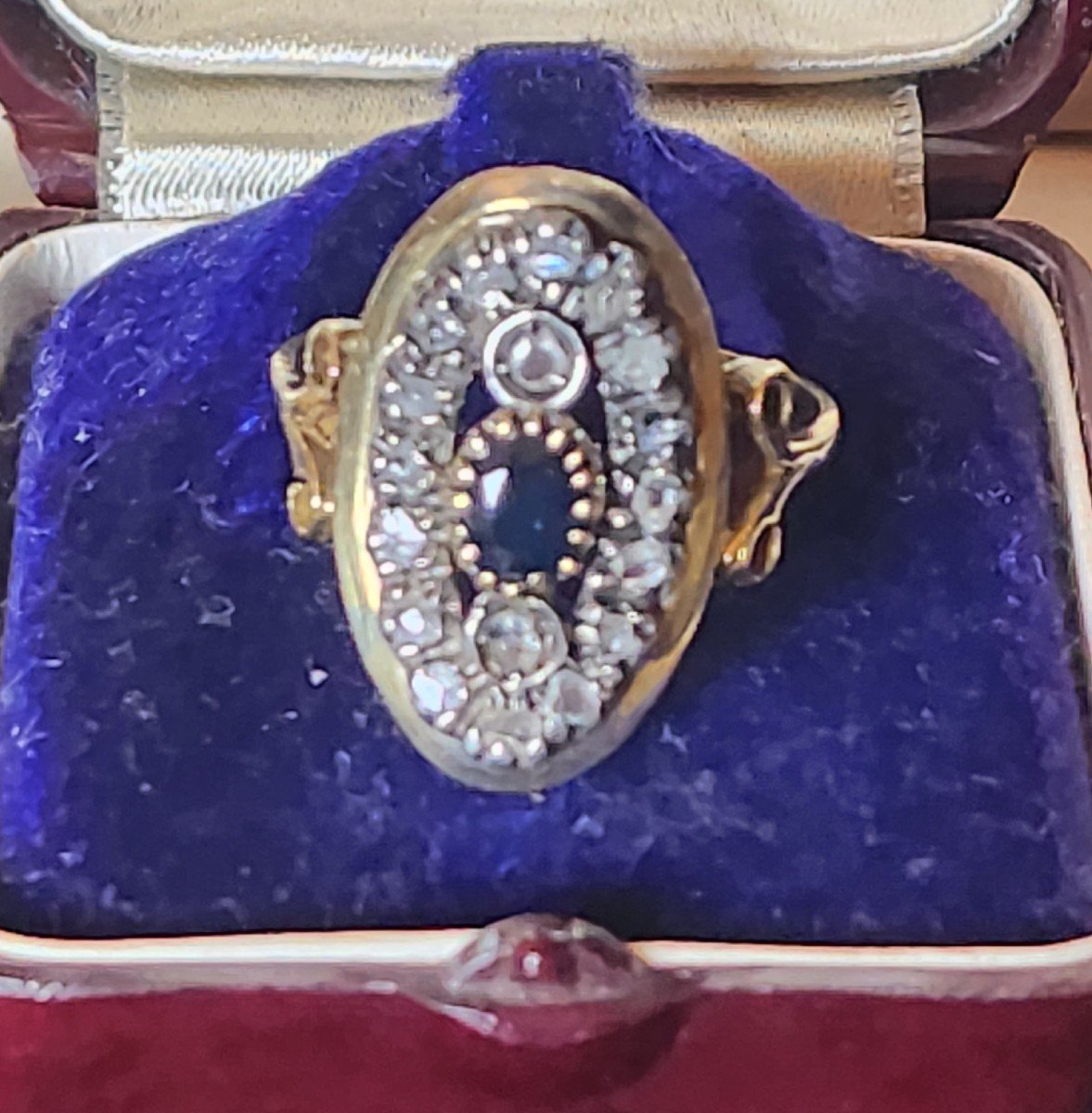 Bague Marquise En Or Diamants Et Saphir 19 ème Siècle -photo-2