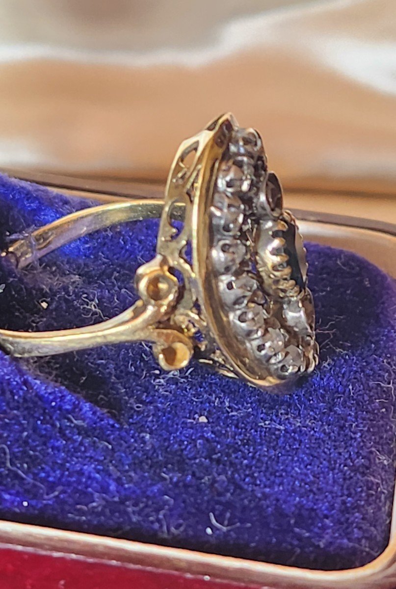 Bague Marquise En Or Diamants Et Saphir 19 ème Siècle -photo-3