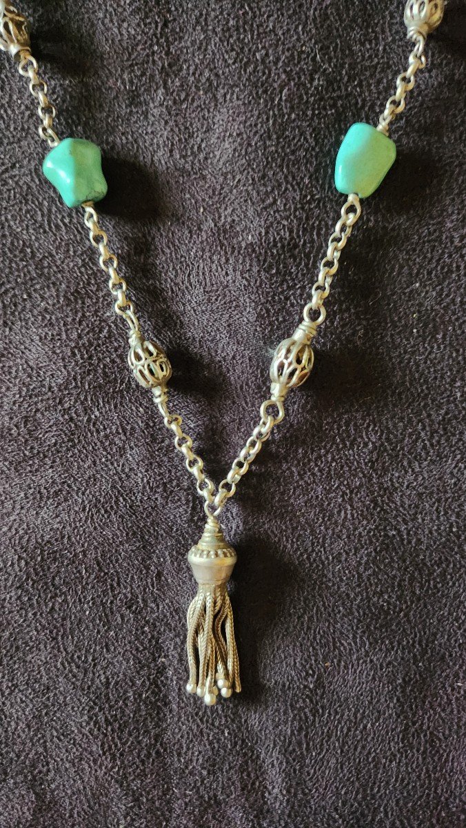 Collier Sautoir  En Argent Et Turquoise 19 Eme Siecle -photo-3