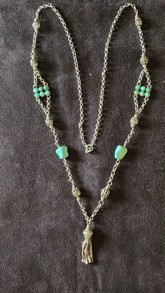 Collier Sautoir  En Argent Et Turquoise 19 Eme Siecle 