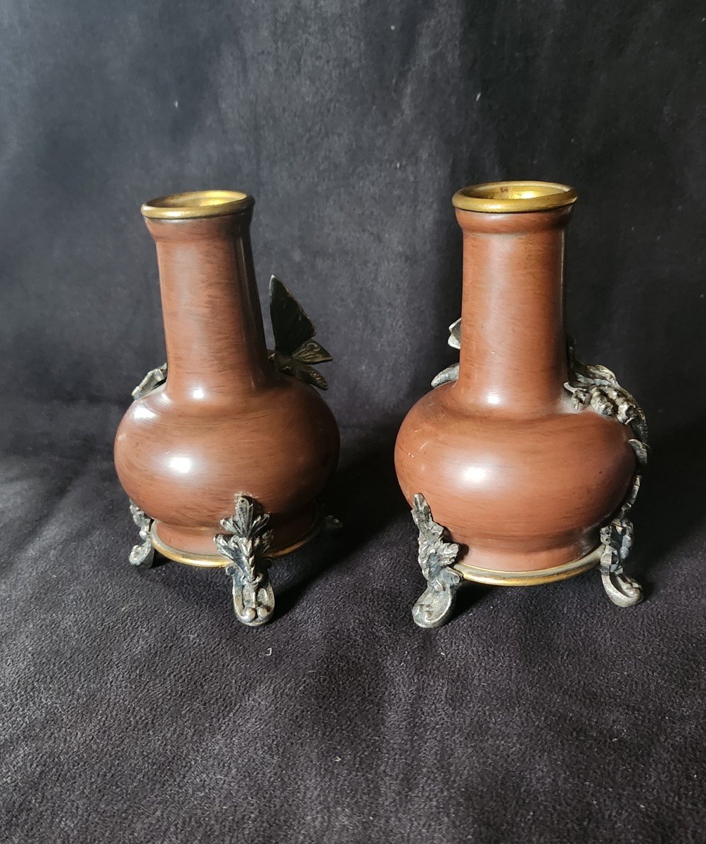 Pair Of Bronze Vases With Japanese Decor -photo-3