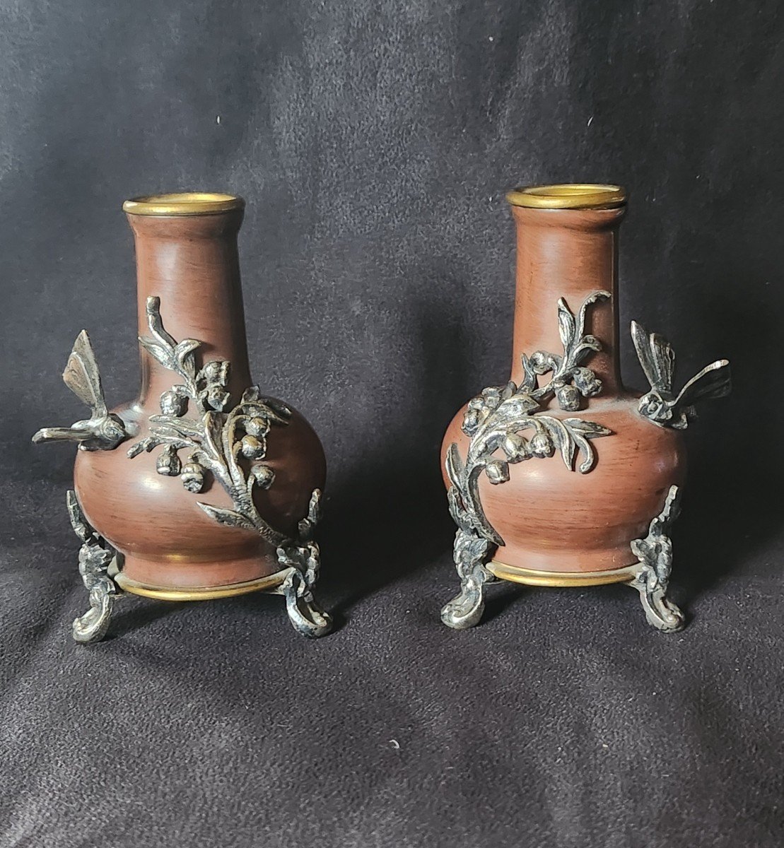Pair Of Bronze Vases With Japanese Decor 