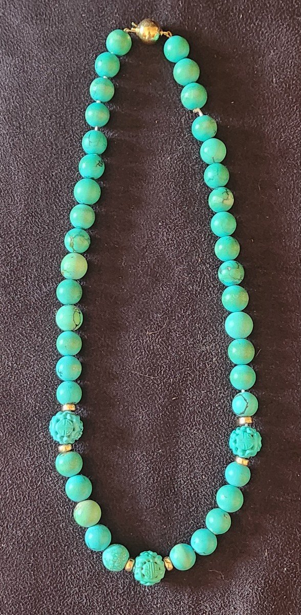 Collier  En  Perles  De  Rurquoise  Et  Or  Vers 1920