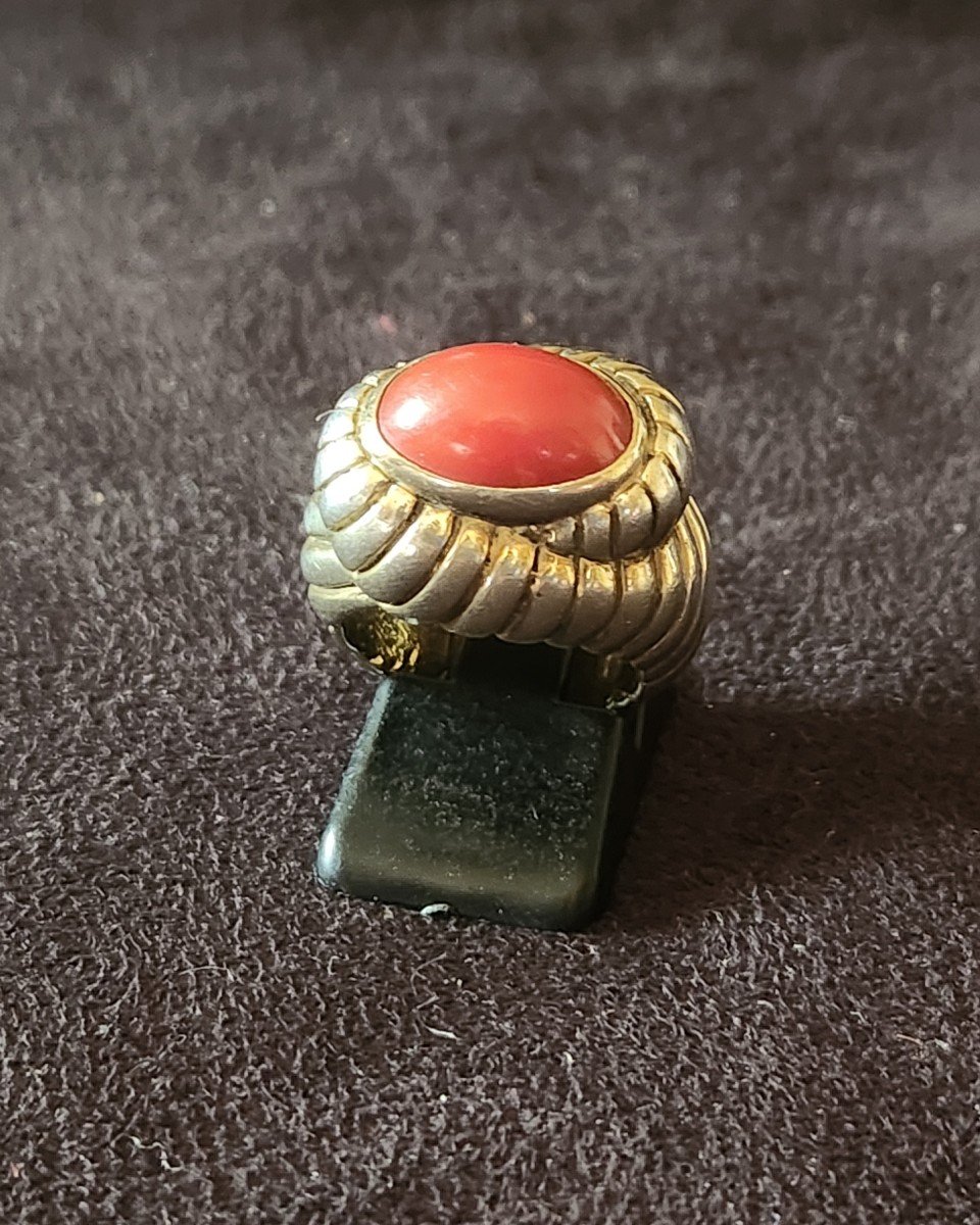 Art Deco Vermeil And Red Coral Ring-photo-4