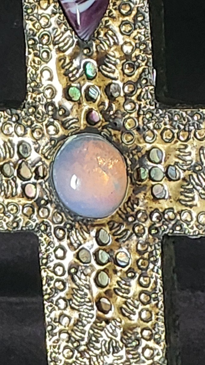 Grande Croix Orthodoxe En Cuivre Et Verroterie 19 Eme-photo-2