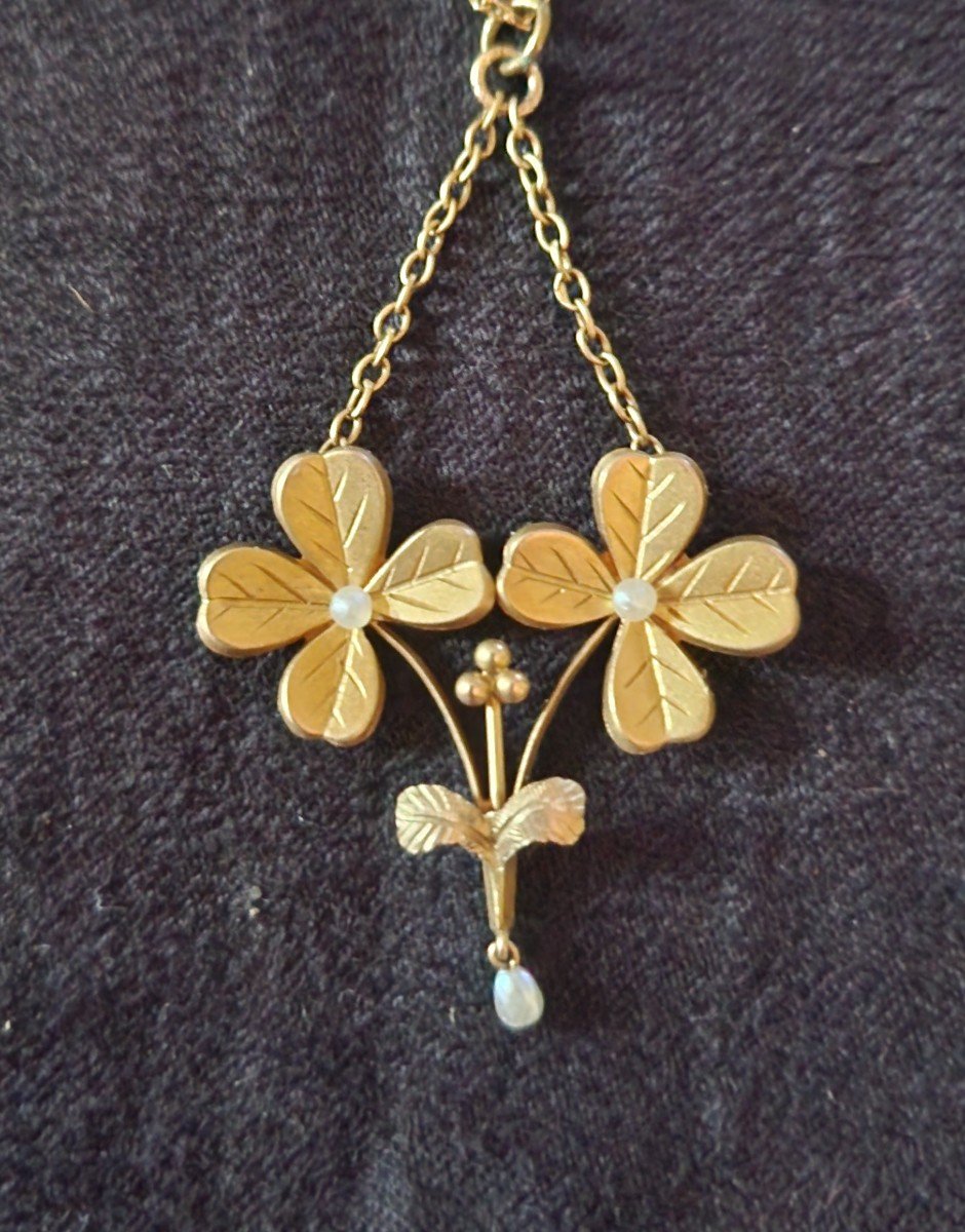 Pendentif Trèfles à Quatre Feuilles En Or Art Nouveau -photo-3