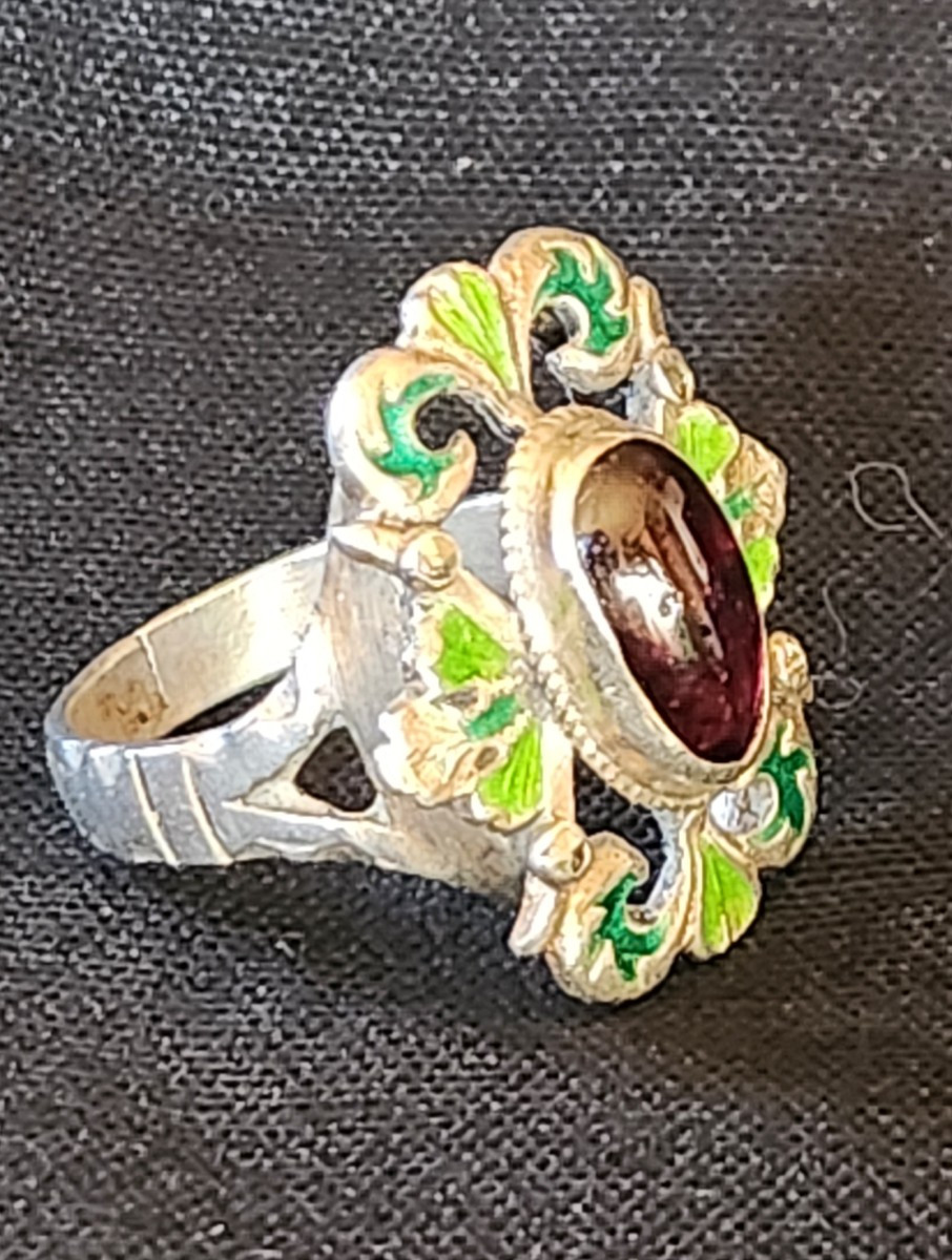 Bague En Argent ,email Et Grenat 19 ème Siècle -photo-2